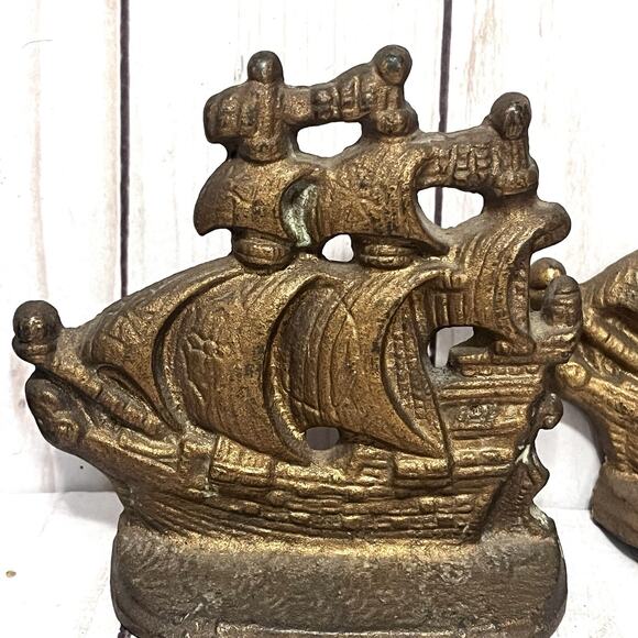 Vintage Pirate Ships Bronze Metal Cast Iron Bookends Doorstopper Set of 4 - Picture 2 of 14
